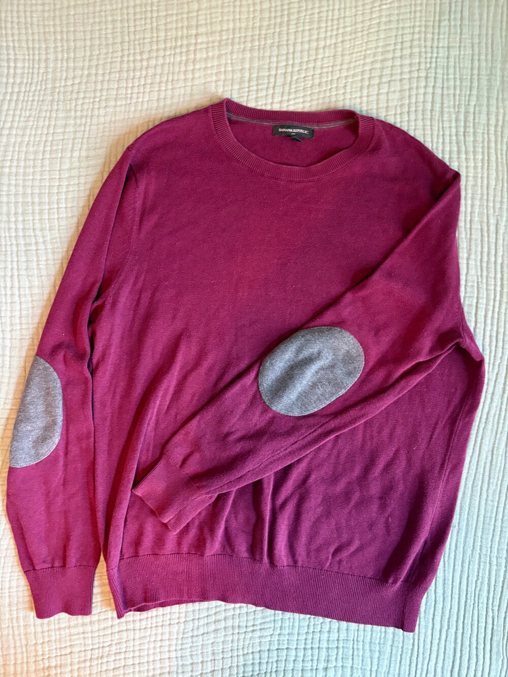 Banana Republic Large Burgundy Women's Crew Neck Sweater with Grey Elbow Patches